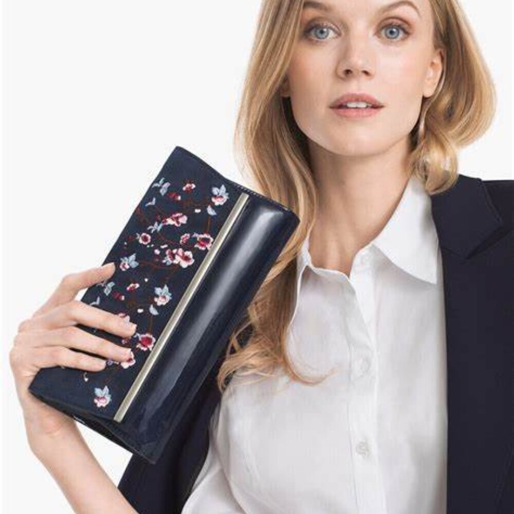 NWT White House Black Market Navy Enbroidered Clutch/Wristlet/Shoulder Bag